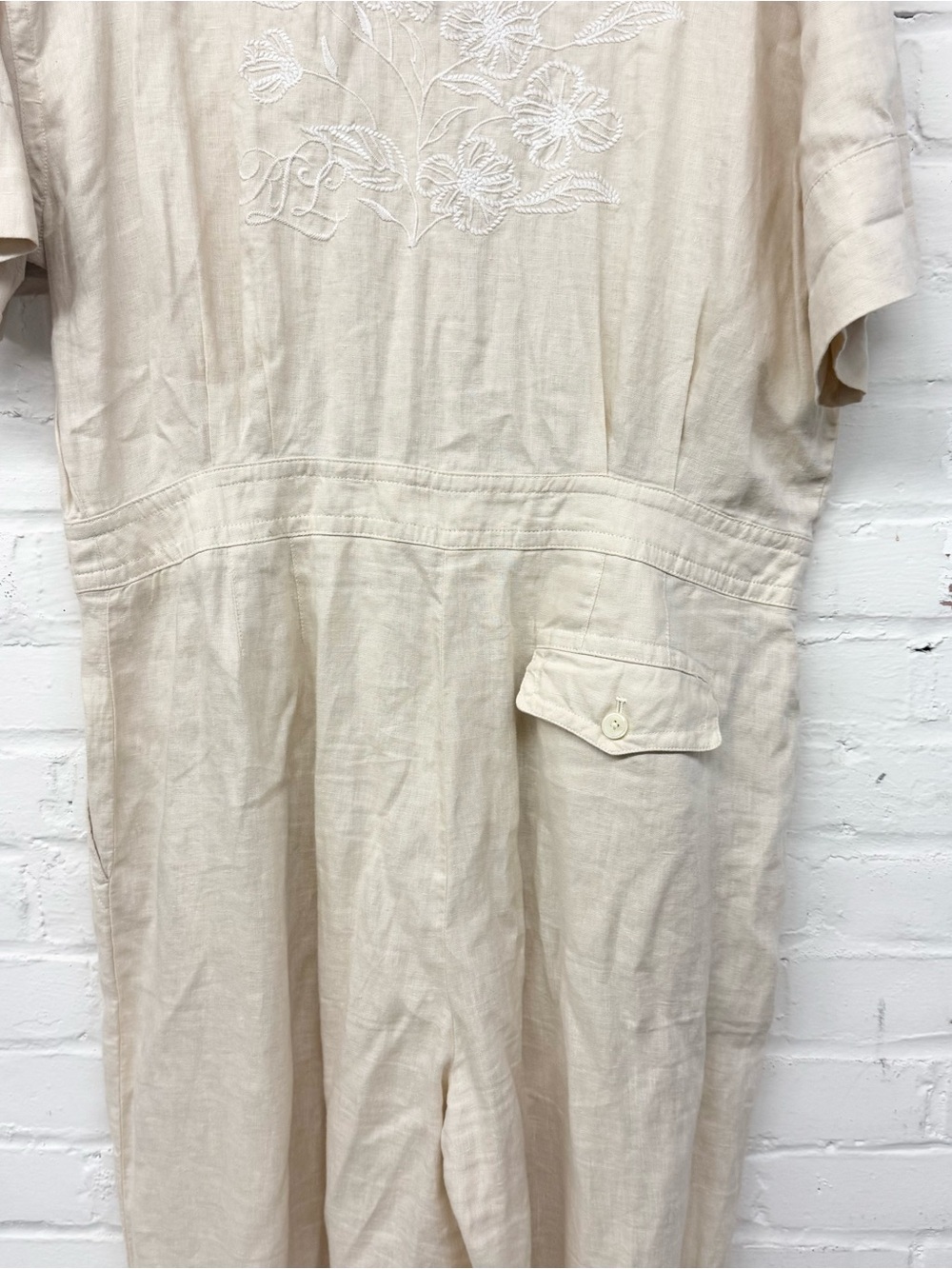 NWT Lauren Ralph Lauren Tan Embroidered Linen Short-Sleeve Jumpsuit Size 16 - Picture 9 of 10